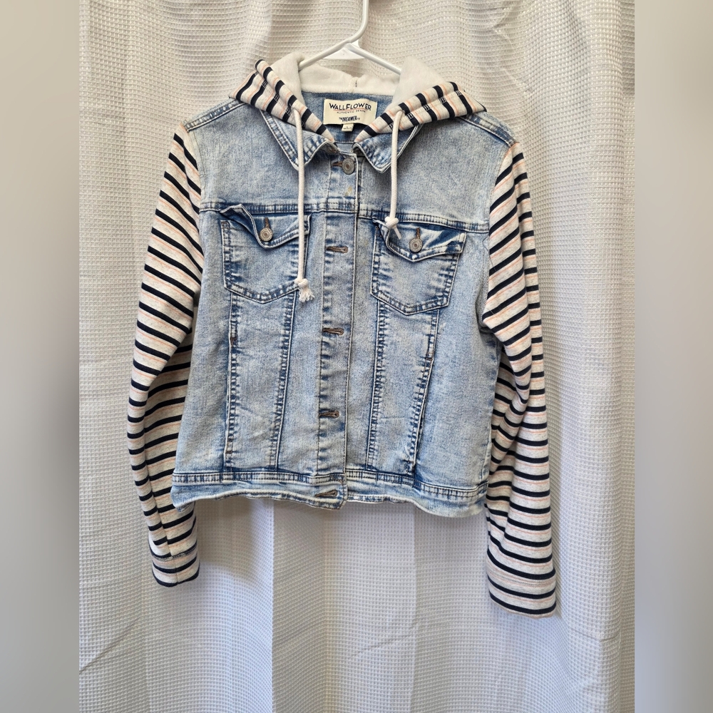 Wallflower Blue and Black Jean Jacket with Striped Sleeves